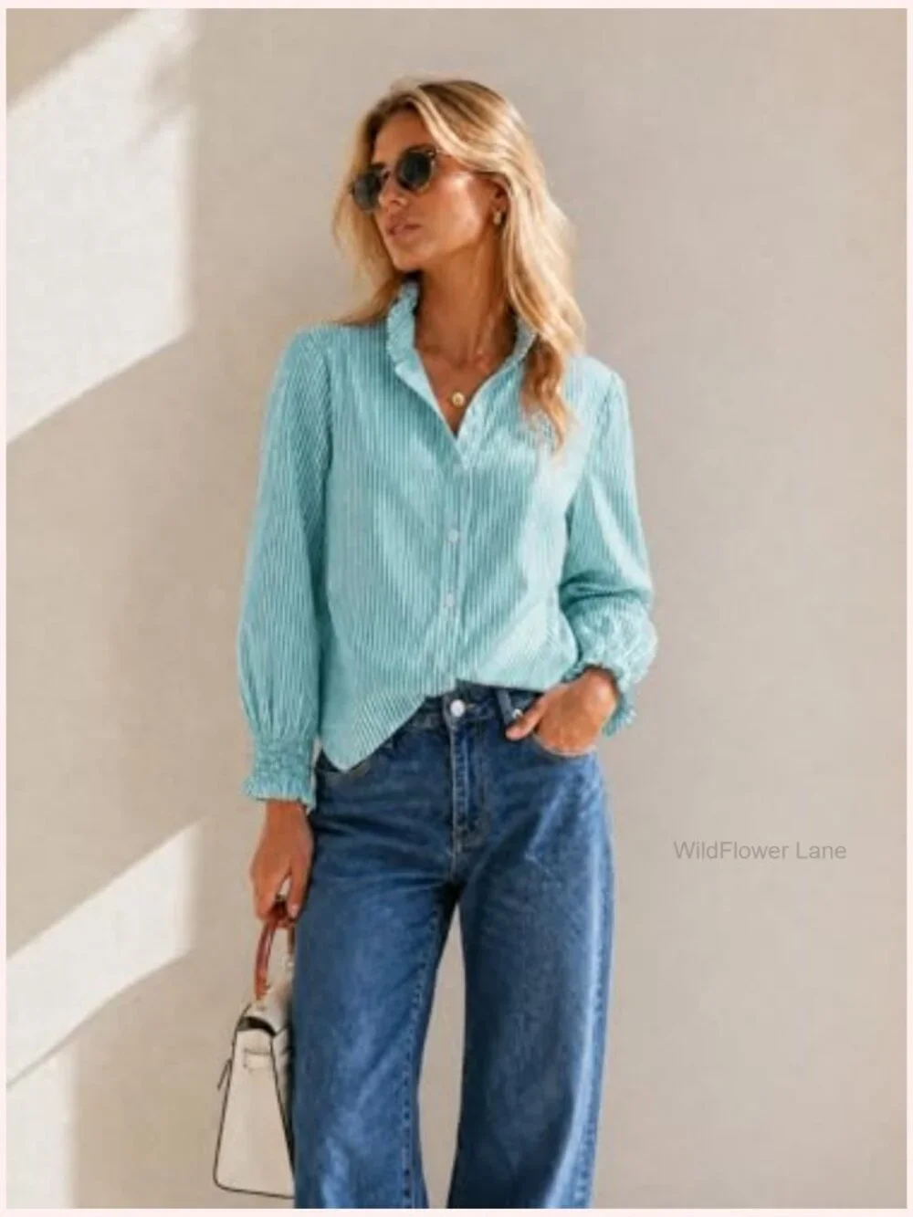 Striped Button Down Blouse Long Sleeve Smocked Cuffed Ruffle Collar Work Shirt - Picture 4 of 7